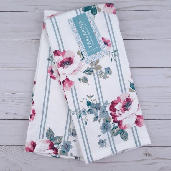 Dual Purpose Kitchen Towels Floral Flowers Stripes Set of 2 - Picture 1 of 3